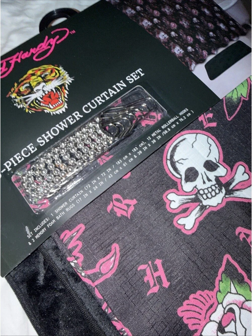 Ed Hardy 15pc Shower Curtain Set Black & Pink Tiger Burning Heart Skull & 2 Rugs